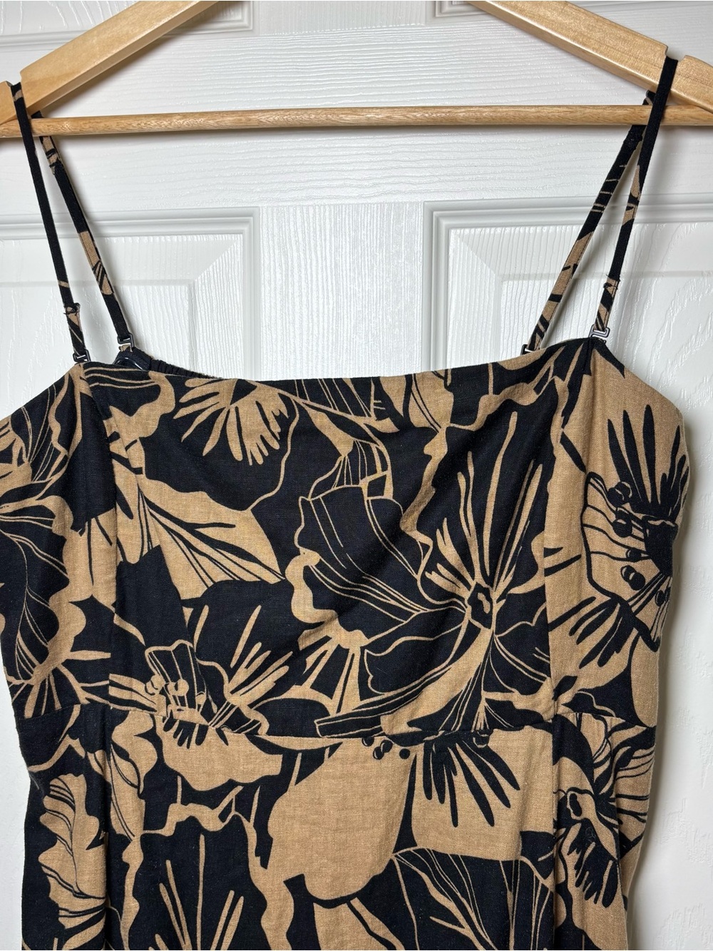 GAP Linen Blend Midi Empire Dress XL Black Brown Floral Smocked Cottagecore - Picture 6 of 9